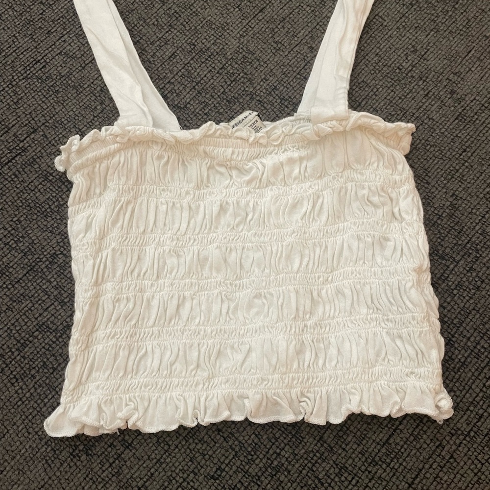 American Eagle Outfitters Cream Smocked Ruffled Tank Top